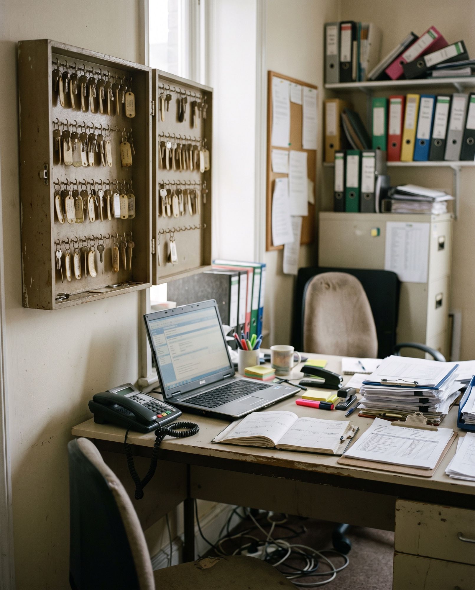 A letting agency office with a wall cabinet of tagged keys and a desk phone