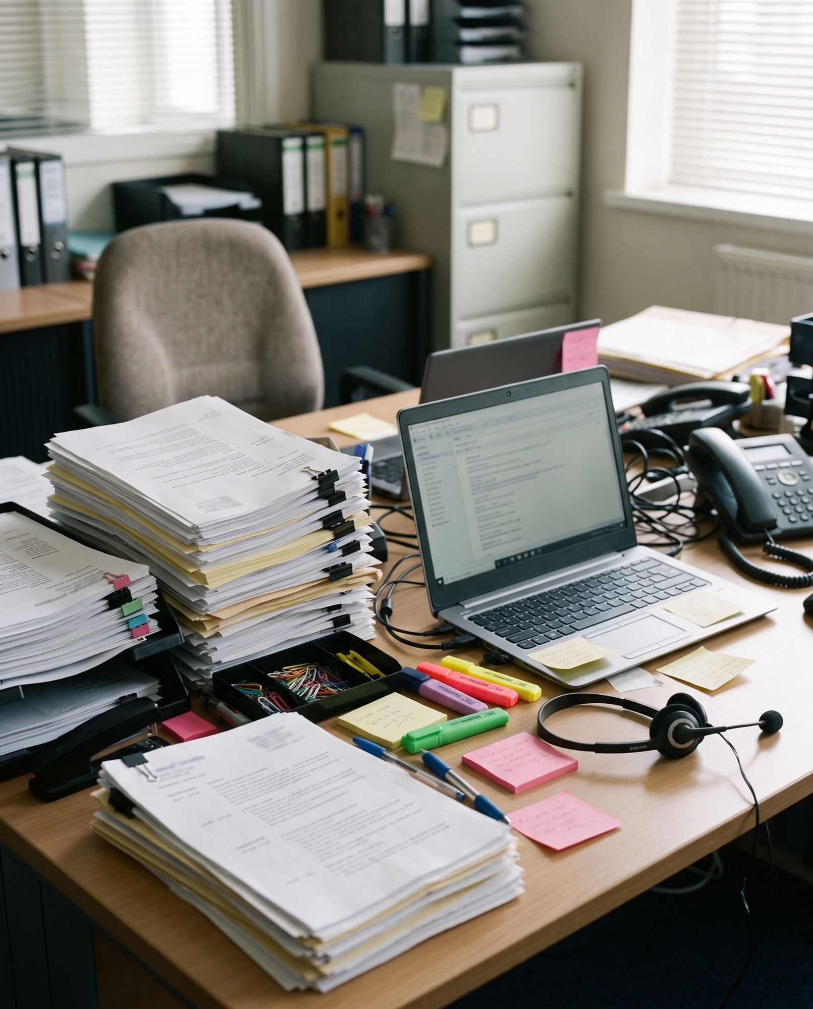 A recruitment desk with stacks of printed CVs, a headset and sticky notes